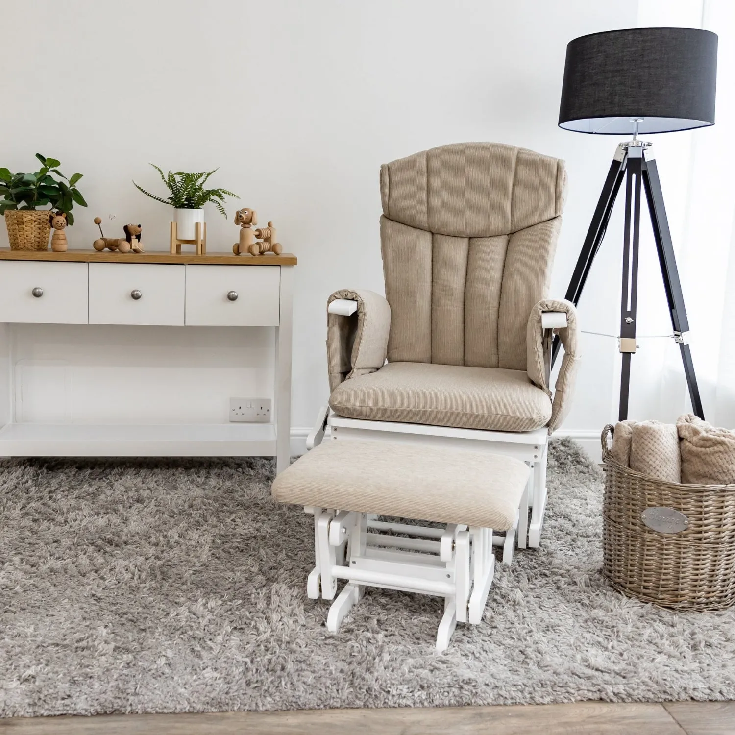 Chatsworth Nursing Chair and Footstool - White Wood and Oatmeal Cushions