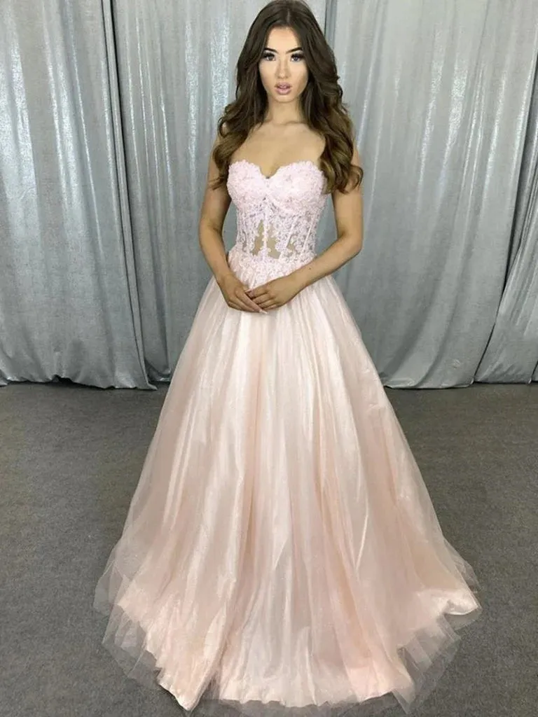 Cheap Pink Lace Prom Dresses Sweetheart Long Formal Evening Dresses
