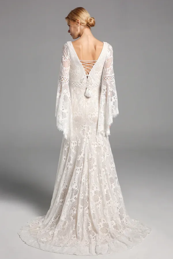 Chic Elegant Boho Lace Long Beach Wedding Dresses With Sleeves APW0426