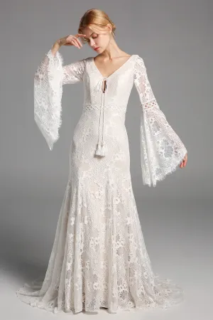 Chic Elegant Boho Lace Long Beach Wedding Dresses With Sleeves APW0426