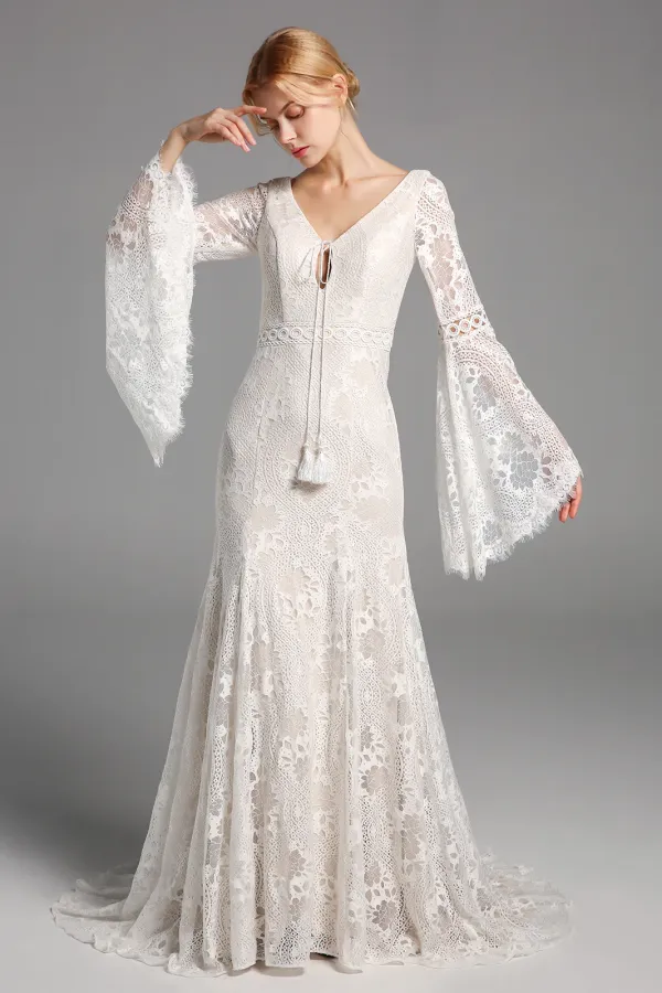 Chic Elegant Boho Lace Long Beach Wedding Dresses With Sleeves APW0426