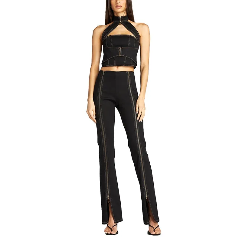 Chic Street Girls Zipper Halter Crop Top Denim Sexy Club Shirt