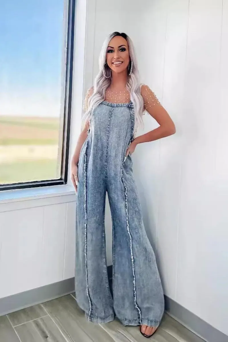 Chouyatou Denim Overalls for Women Casual Adjustable Straps Wide Leg Raw Hem Jeans Bib Overalls Jumpsuits