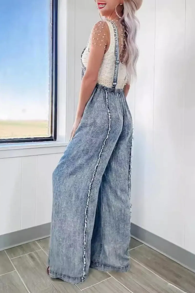 Chouyatou Denim Overalls for Women Casual Adjustable Straps Wide Leg Raw Hem Jeans Bib Overalls Jumpsuits