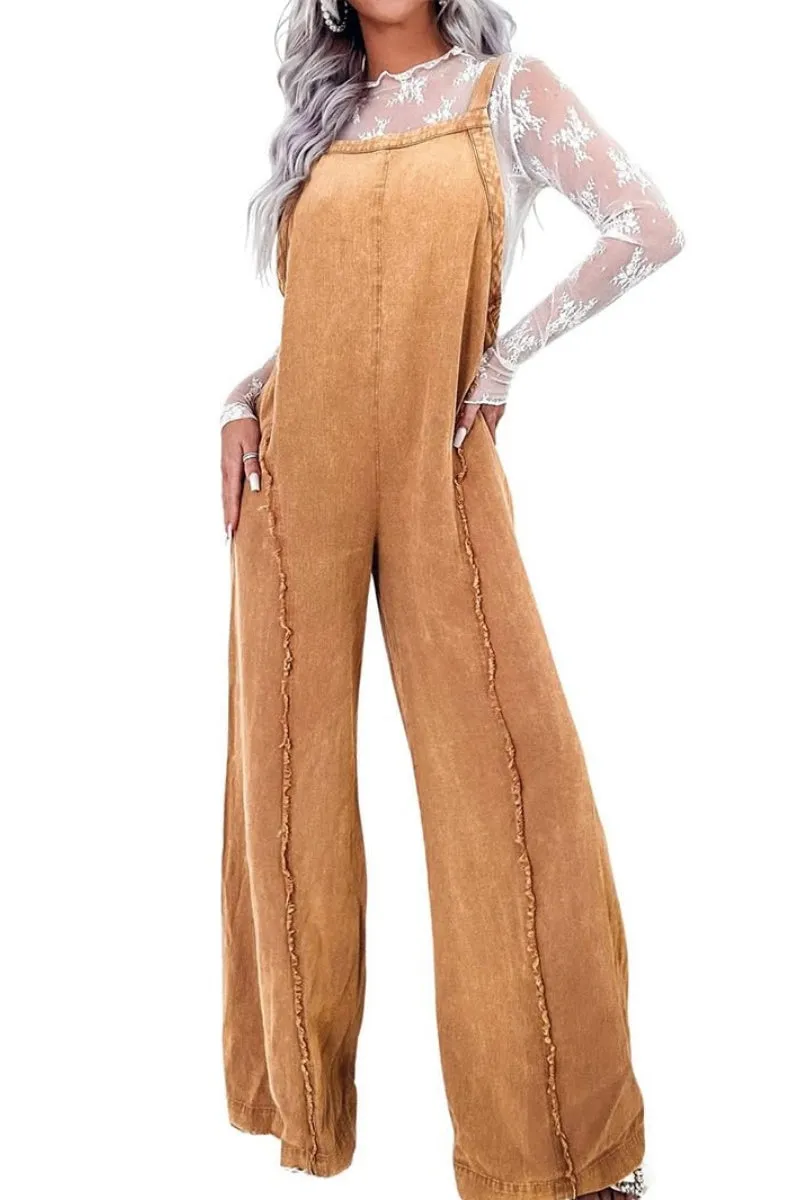 Chouyatou Denim Overalls for Women Casual Adjustable Straps Wide Leg Raw Hem Jeans Bib Overalls Jumpsuits