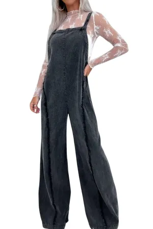 Chouyatou Denim Overalls for Women Casual Adjustable Straps Wide Leg Raw Hem Jeans Bib Overalls Jumpsuits
