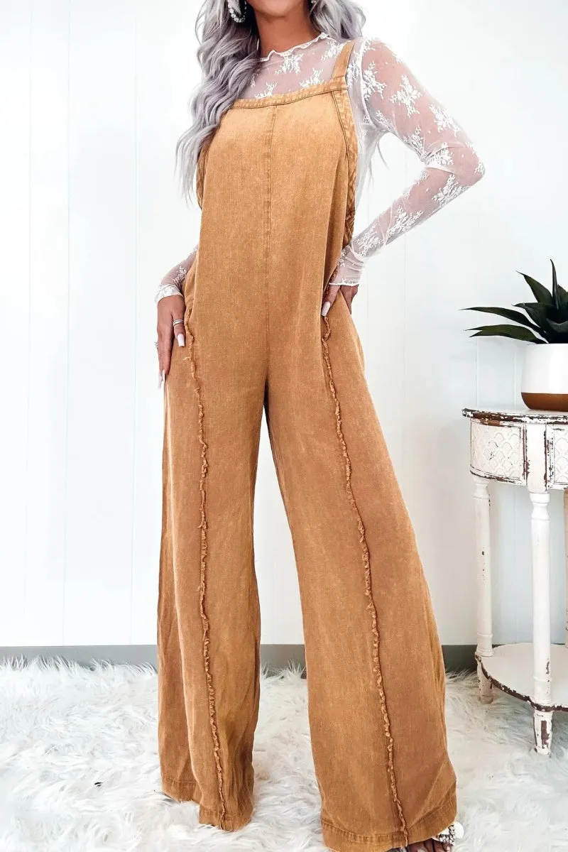 Chouyatou Denim Overalls for Women Casual Adjustable Straps Wide Leg Raw Hem Jeans Bib Overalls Jumpsuits