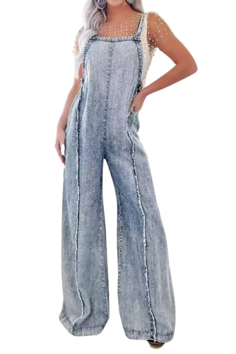 Chouyatou Denim Overalls for Women Casual Adjustable Straps Wide Leg Raw Hem Jeans Bib Overalls Jumpsuits