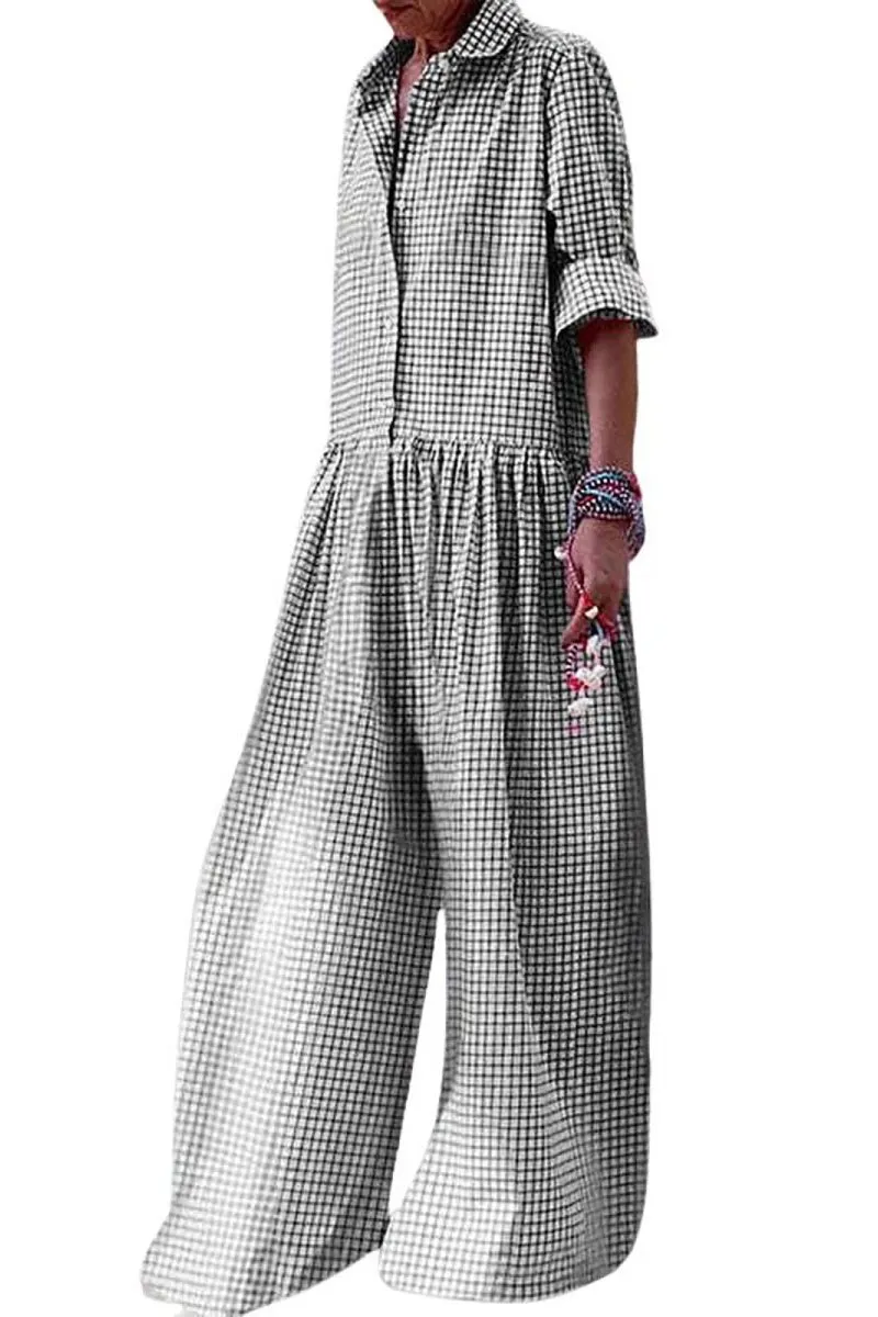 Chouyatou Women Long Sleeve Wide Leg Plaid Jumpsuits Casual Loose Fit Button Up One Piece Jumpsuit Long Pants