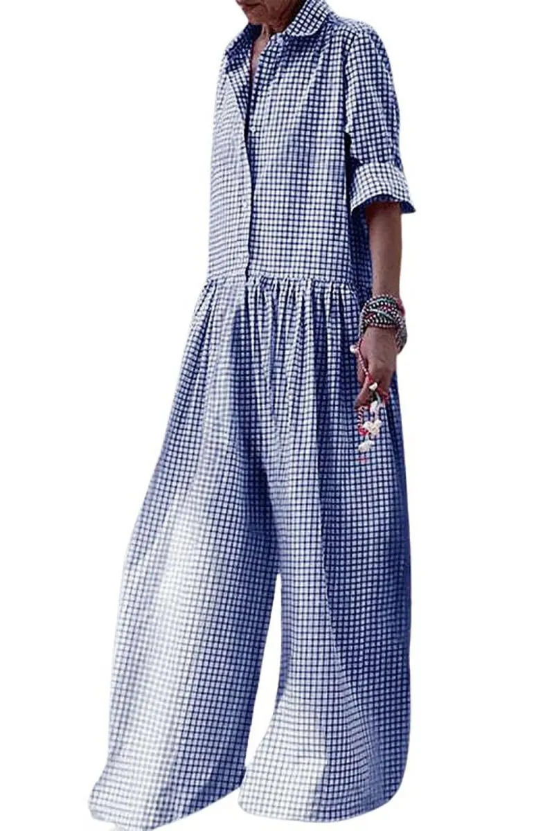 Chouyatou Women Long Sleeve Wide Leg Plaid Jumpsuits Casual Loose Fit Button Up One Piece Jumpsuit Long Pants