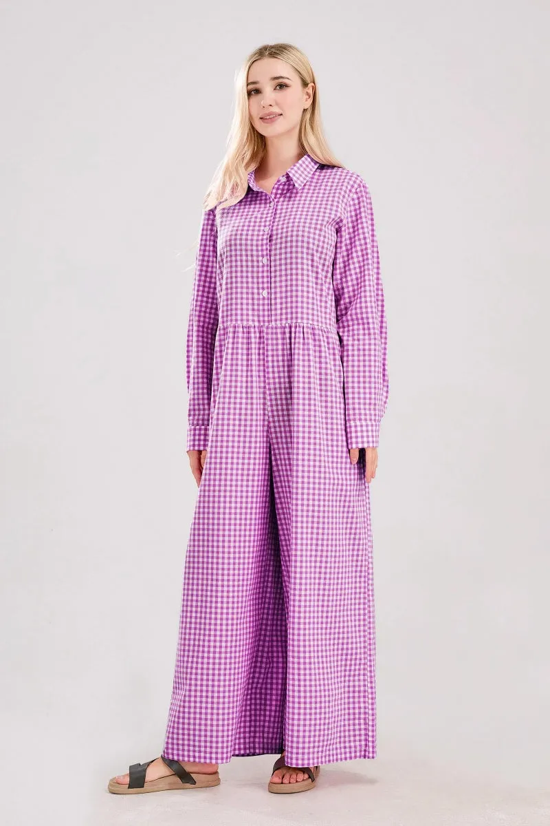 Chouyatou Women Long Sleeve Wide Leg Plaid Jumpsuits Casual Loose Fit Button Up One Piece Jumpsuit Long Pants
