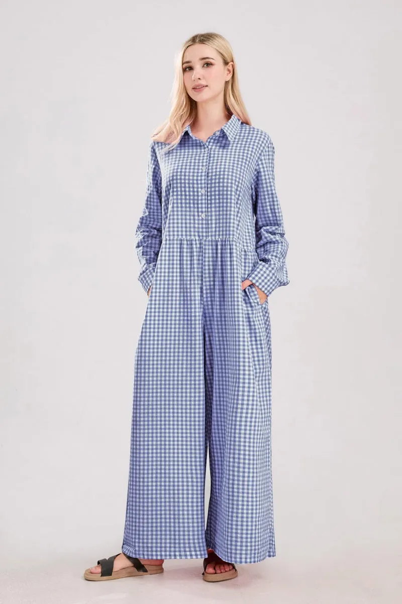 Chouyatou Women Long Sleeve Wide Leg Plaid Jumpsuits Casual Loose Fit Button Up One Piece Jumpsuit Long Pants