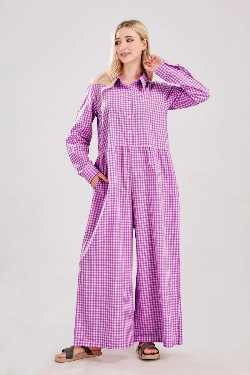 Chouyatou Women Long Sleeve Wide Leg Plaid Jumpsuits Casual Loose Fit Button Up One Piece Jumpsuit Long Pants