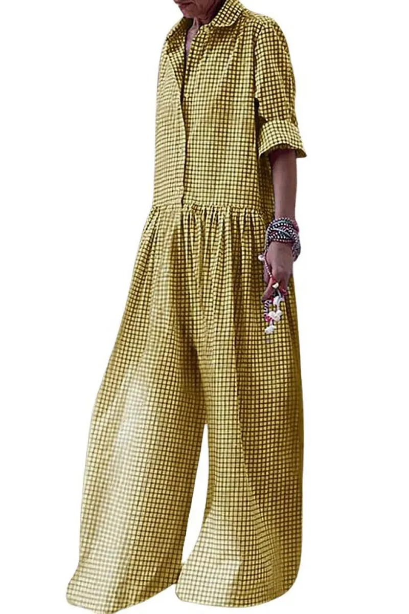 Chouyatou Women Long Sleeve Wide Leg Plaid Jumpsuits Casual Loose Fit Button Up One Piece Jumpsuit Long Pants