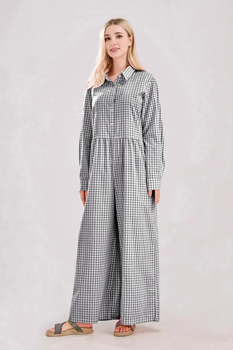 Chouyatou Women Long Sleeve Wide Leg Plaid Jumpsuits Casual Loose Fit Button Up One Piece Jumpsuit Long Pants