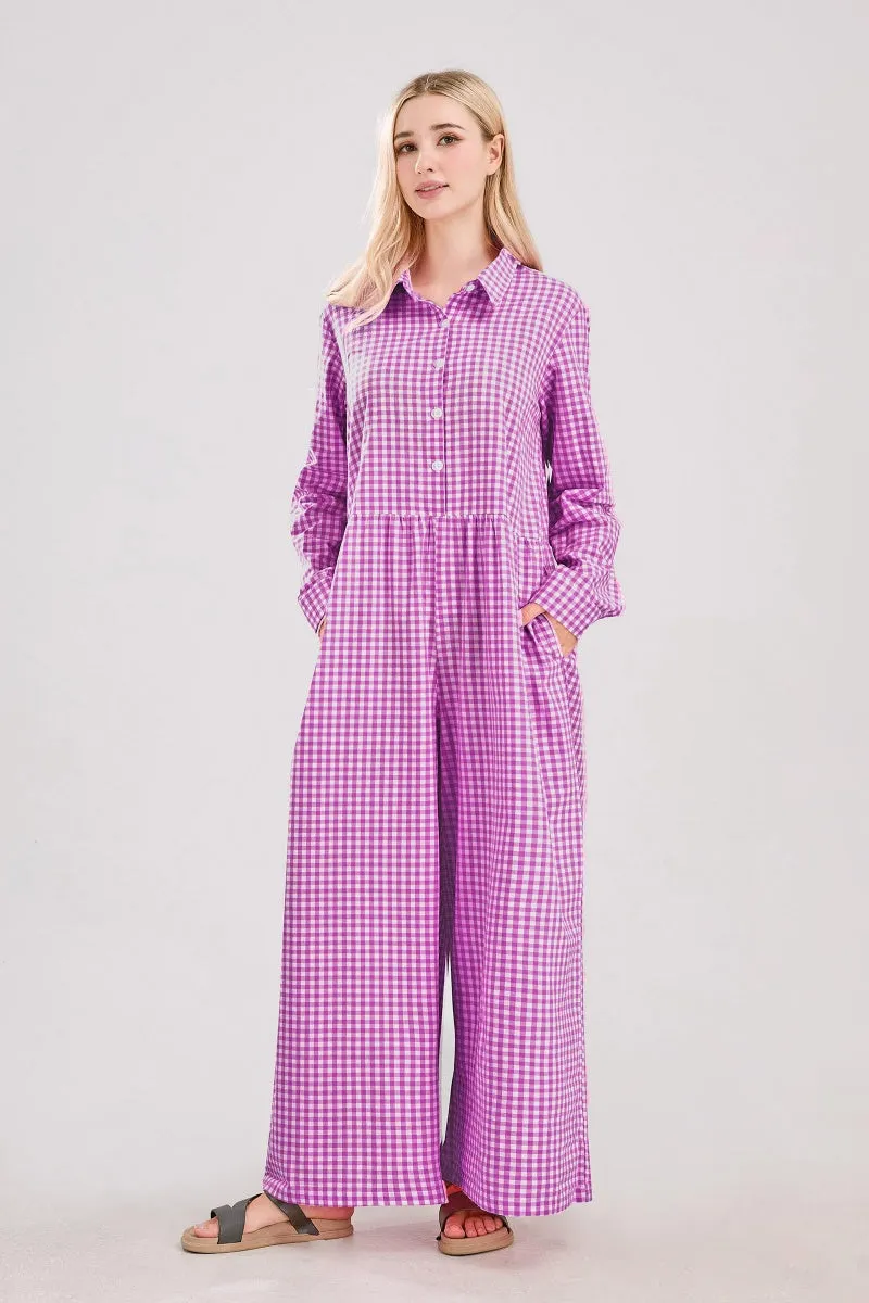 Chouyatou Women Long Sleeve Wide Leg Plaid Jumpsuits Casual Loose Fit Button Up One Piece Jumpsuit Long Pants