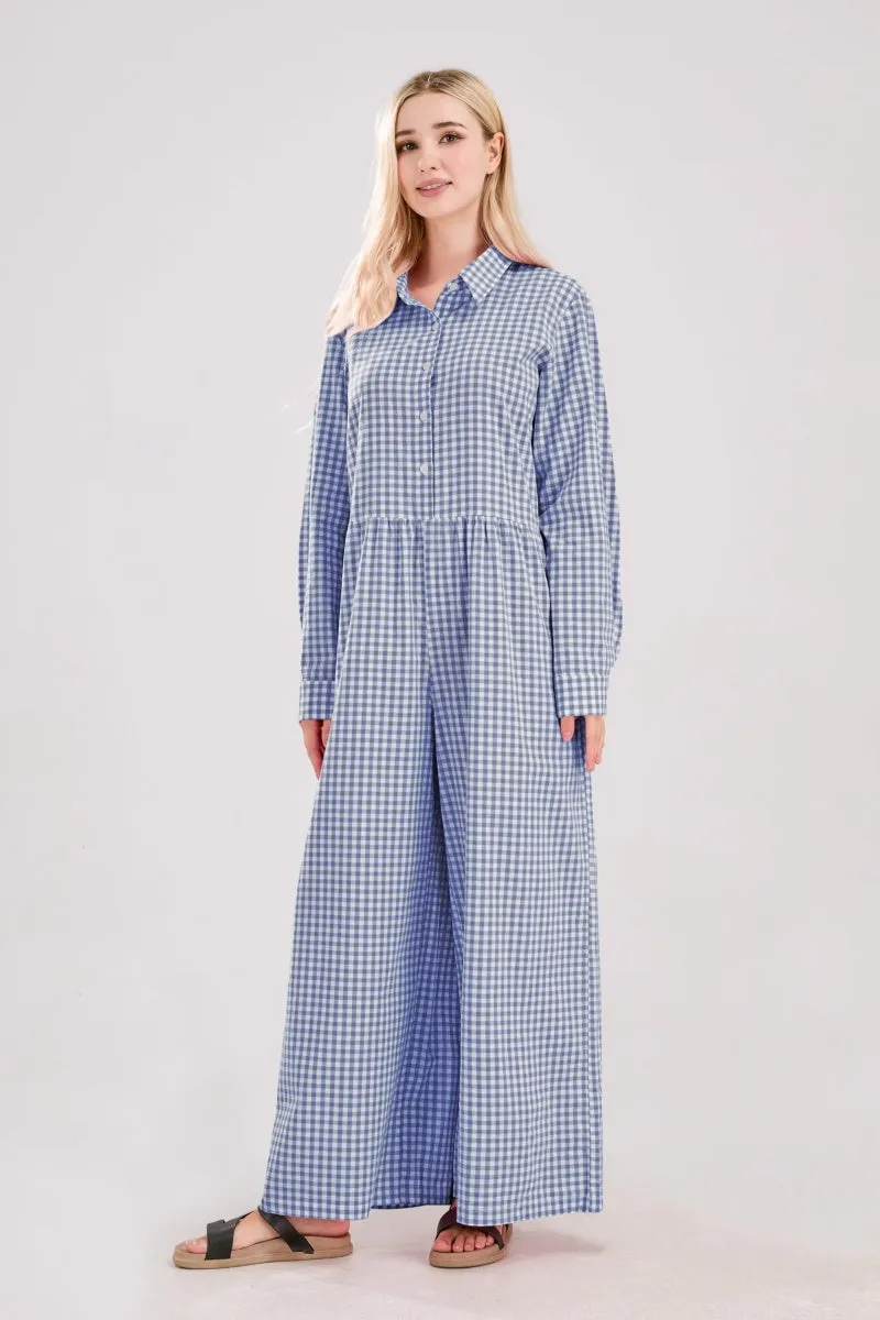 Chouyatou Women Long Sleeve Wide Leg Plaid Jumpsuits Casual Loose Fit Button Up One Piece Jumpsuit Long Pants