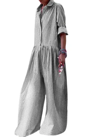 Chouyatou Women Long Sleeve Wide Leg Plaid Jumpsuits Casual Loose Fit Button Up One Piece Jumpsuit Long Pants
