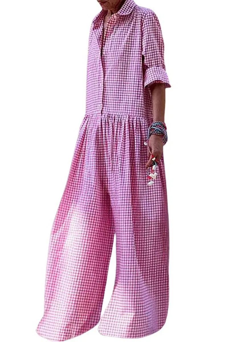 Chouyatou Women Long Sleeve Wide Leg Plaid Jumpsuits Casual Loose Fit Button Up One Piece Jumpsuit Long Pants