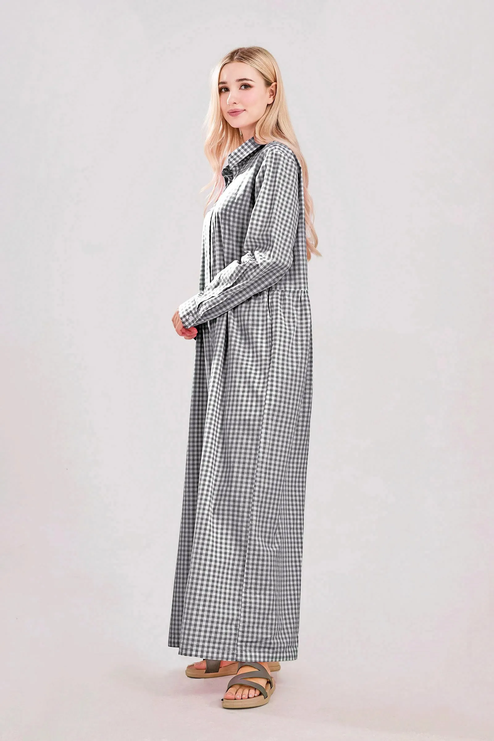Chouyatou Women Long Sleeve Wide Leg Plaid Jumpsuits Casual Loose Fit Button Up One Piece Jumpsuit Long Pants