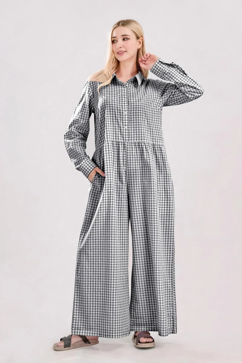 Chouyatou Women Long Sleeve Wide Leg Plaid Jumpsuits Casual Loose Fit Button Up One Piece Jumpsuit Long Pants