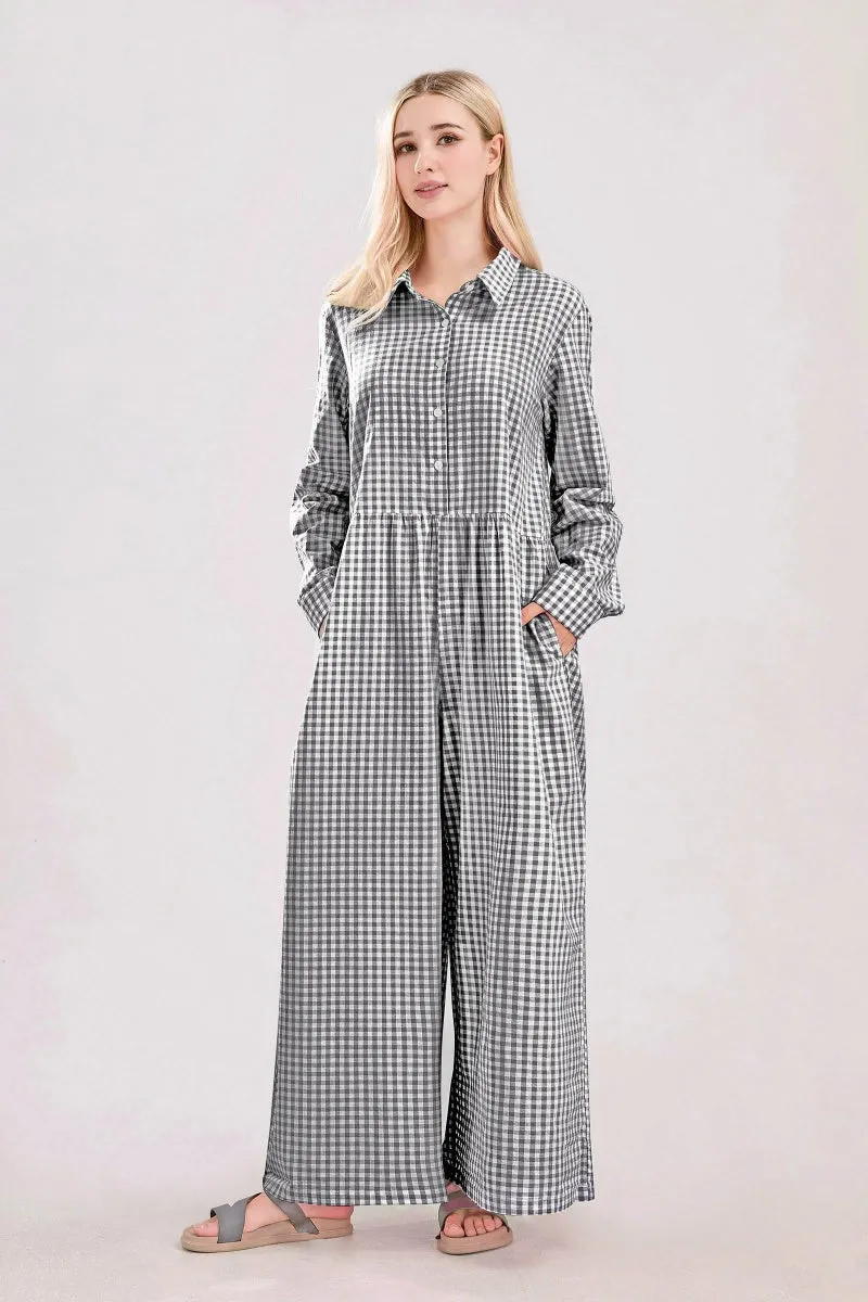 Chouyatou Women Long Sleeve Wide Leg Plaid Jumpsuits Casual Loose Fit Button Up One Piece Jumpsuit Long Pants