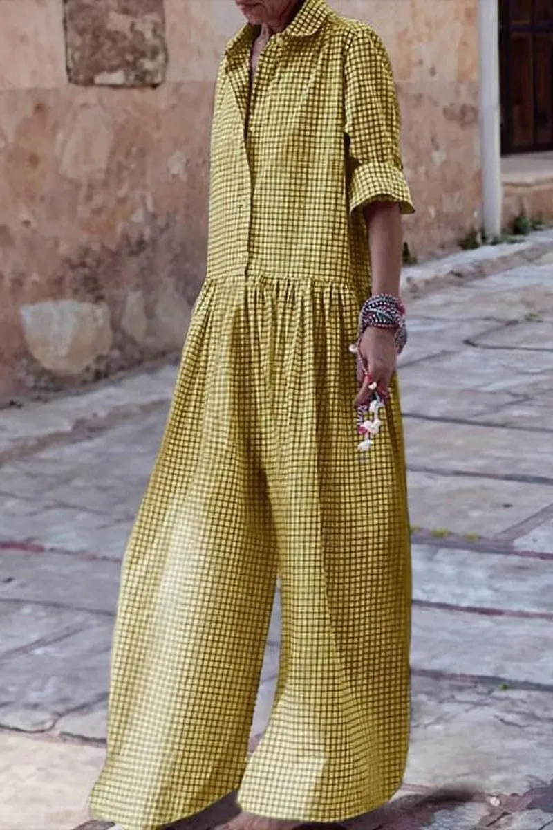 Chouyatou Women Long Sleeve Wide Leg Plaid Jumpsuits Casual Loose Fit Button Up One Piece Jumpsuit Long Pants