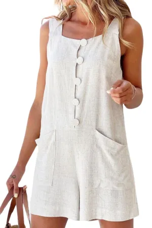 Chouyatou Women Shorts Overall Front Button Cotton Linen Summer Wide Leg Shorts