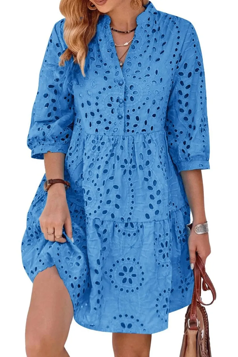 Chouyatou Women's 2025 Eyelet Lace Midi Dress V Neck Puff 3/4 Sleeve Button Tiered Sexy A Line Sun Dress