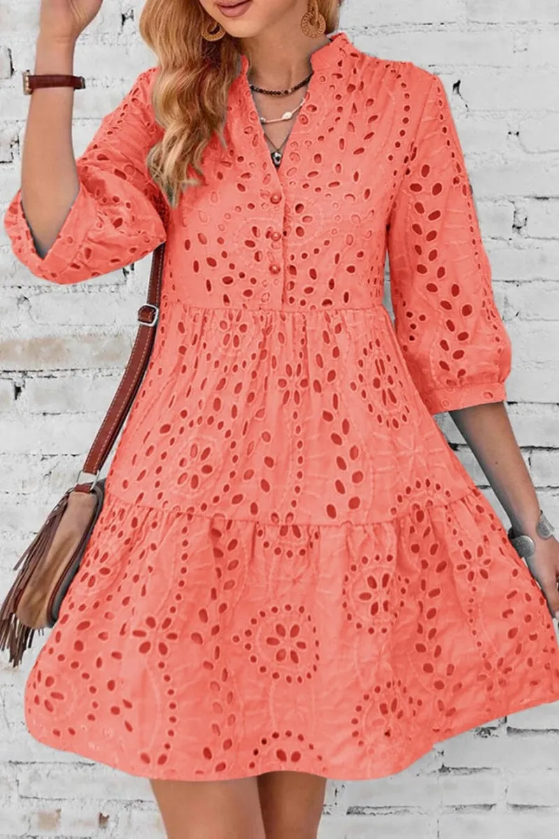 Chouyatou Women's 2025 Eyelet Lace Midi Dress V Neck Puff 3/4 Sleeve Button Tiered Sexy A Line Sun Dress