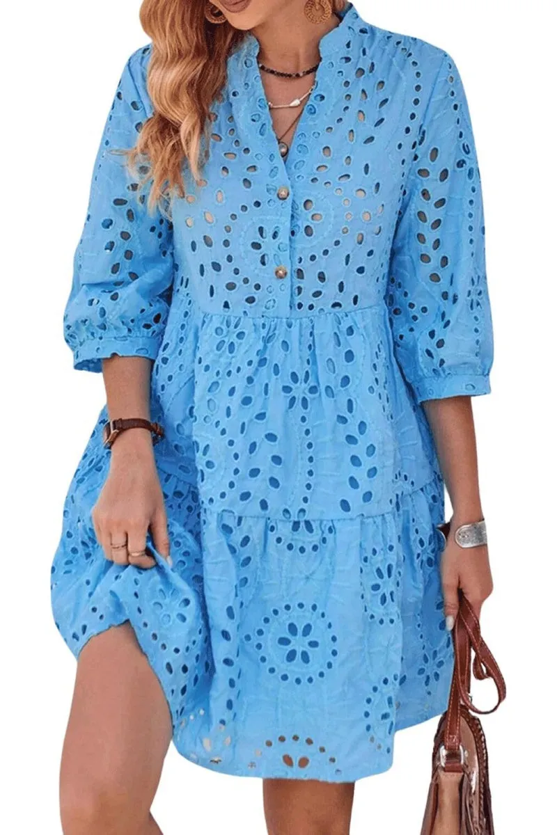 Chouyatou Women's 2025 Eyelet Lace Midi Dress V Neck Puff 3/4 Sleeve Button Tiered Sexy A Line Sun Dress