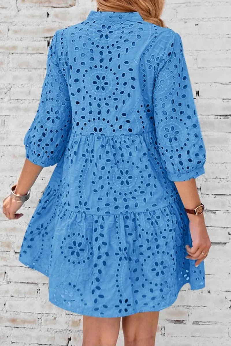 Chouyatou Women's 2025 Eyelet Lace Midi Dress V Neck Puff 3/4 Sleeve Button Tiered Sexy A Line Sun Dress