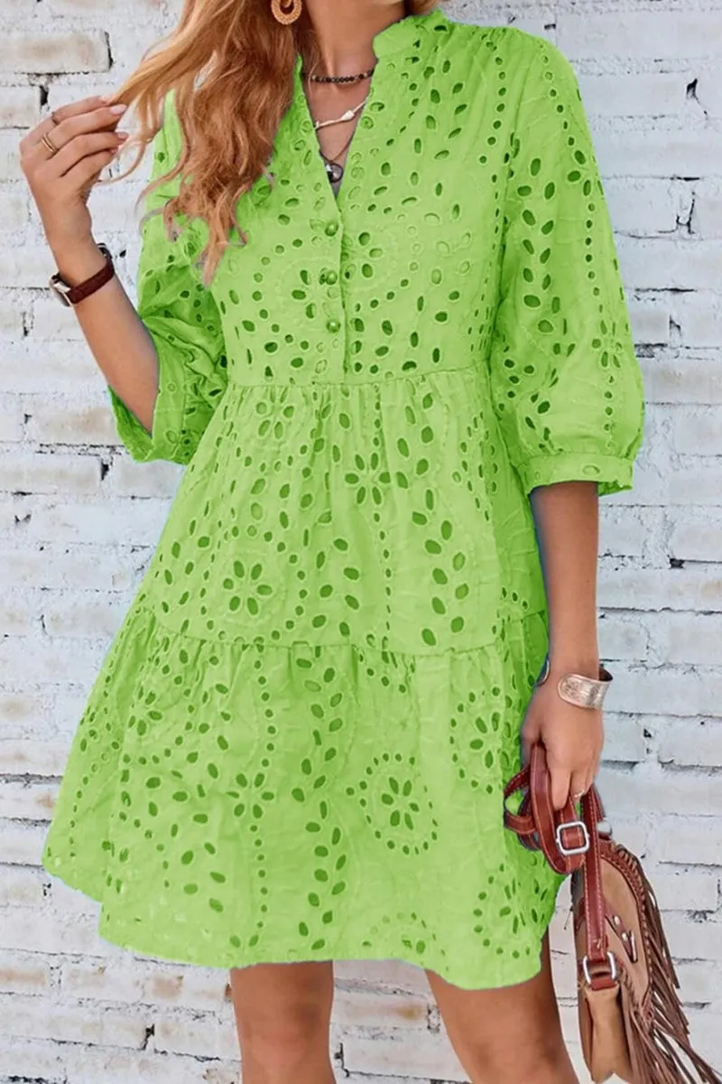 Chouyatou Women's 2025 Eyelet Lace Midi Dress V Neck Puff 3/4 Sleeve Button Tiered Sexy A Line Sun Dress
