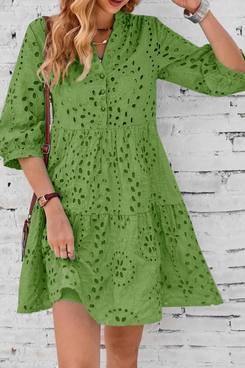 Chouyatou Women's 2025 Eyelet Lace Midi Dress V Neck Puff 3/4 Sleeve Button Tiered Sexy A Line Sun Dress