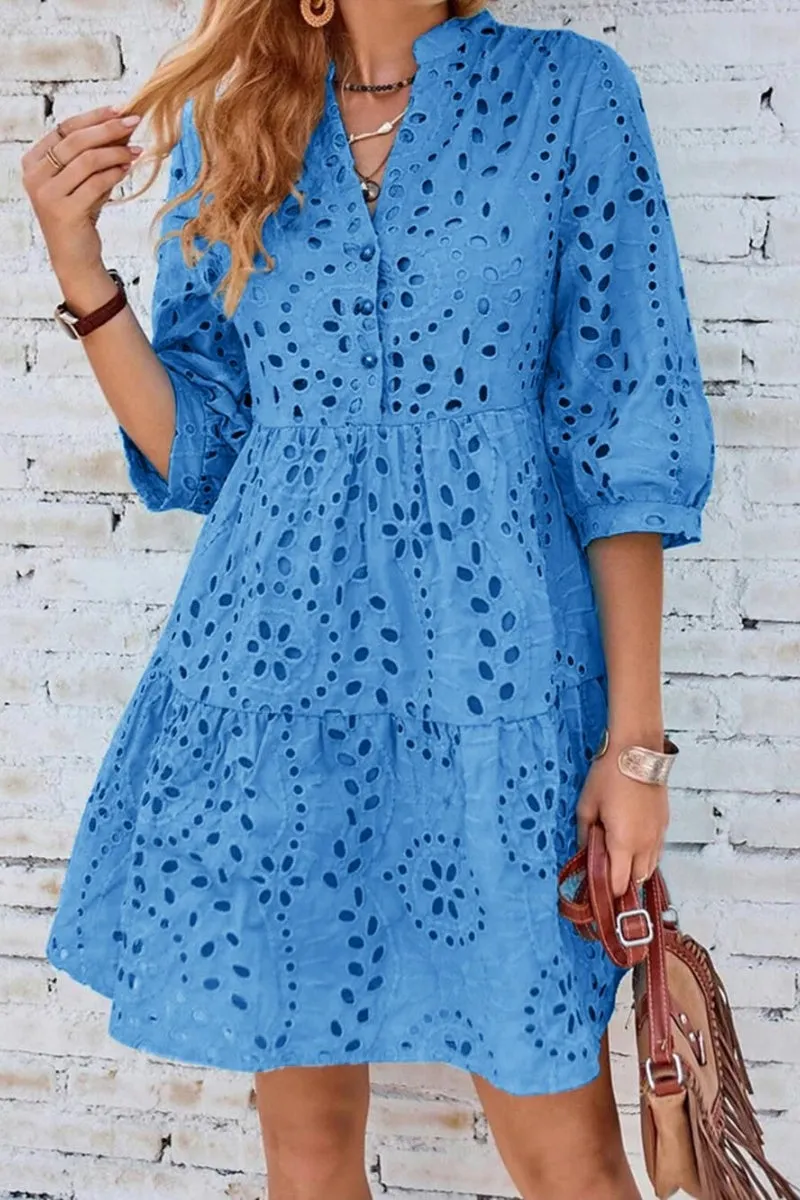 Chouyatou Women's 2025 Eyelet Lace Midi Dress V Neck Puff 3/4 Sleeve Button Tiered Sexy A Line Sun Dress