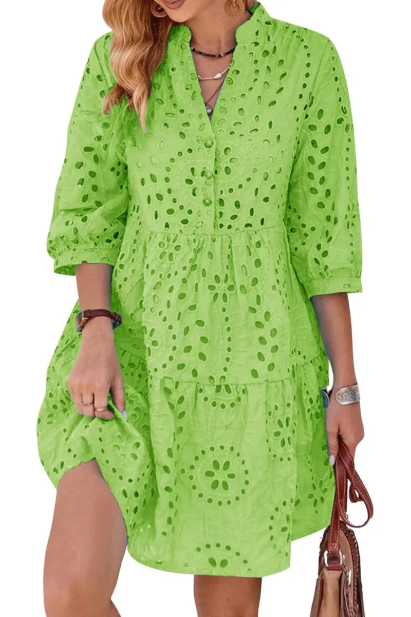 Chouyatou Women's 2025 Eyelet Lace Midi Dress V Neck Puff 3/4 Sleeve Button Tiered Sexy A Line Sun Dress