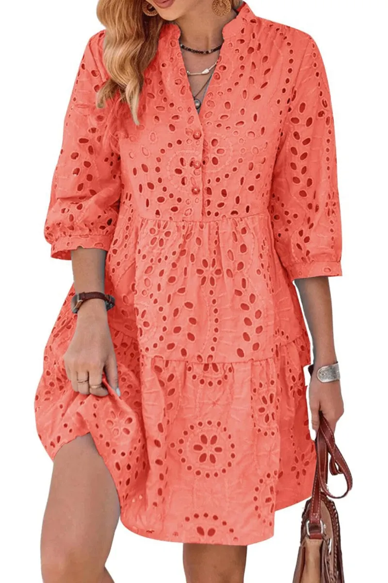 Chouyatou Women's 2025 Eyelet Lace Midi Dress V Neck Puff 3/4 Sleeve Button Tiered Sexy A Line Sun Dress