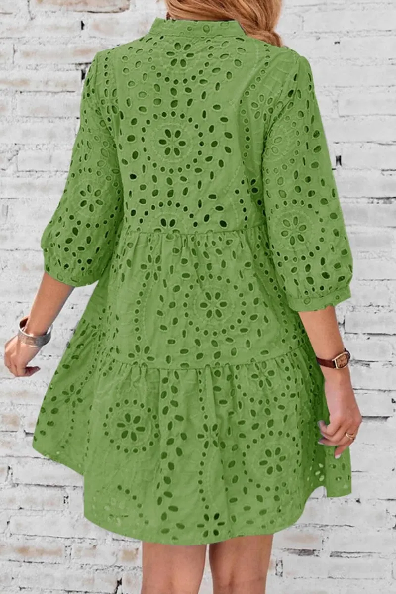 Chouyatou Women's 2025 Eyelet Lace Midi Dress V Neck Puff 3/4 Sleeve Button Tiered Sexy A Line Sun Dress