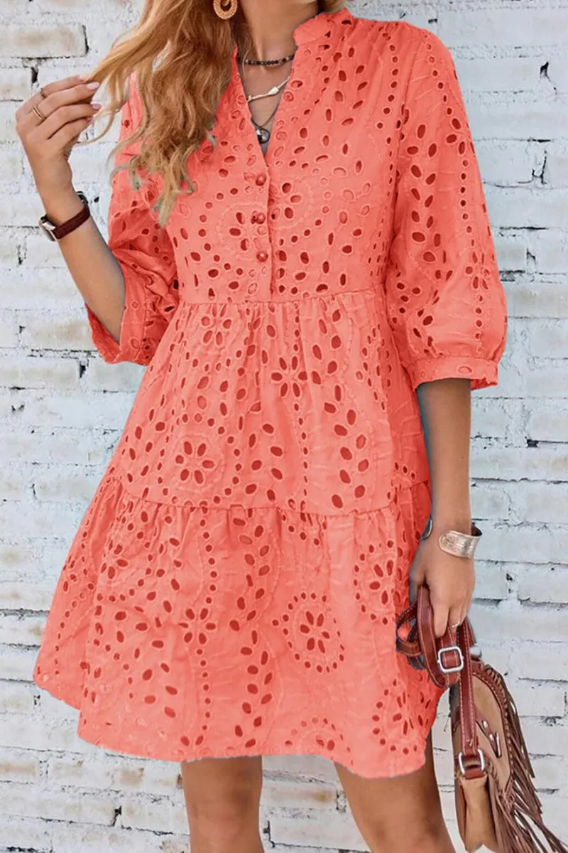 Chouyatou Women's 2025 Eyelet Lace Midi Dress V Neck Puff 3/4 Sleeve Button Tiered Sexy A Line Sun Dress
