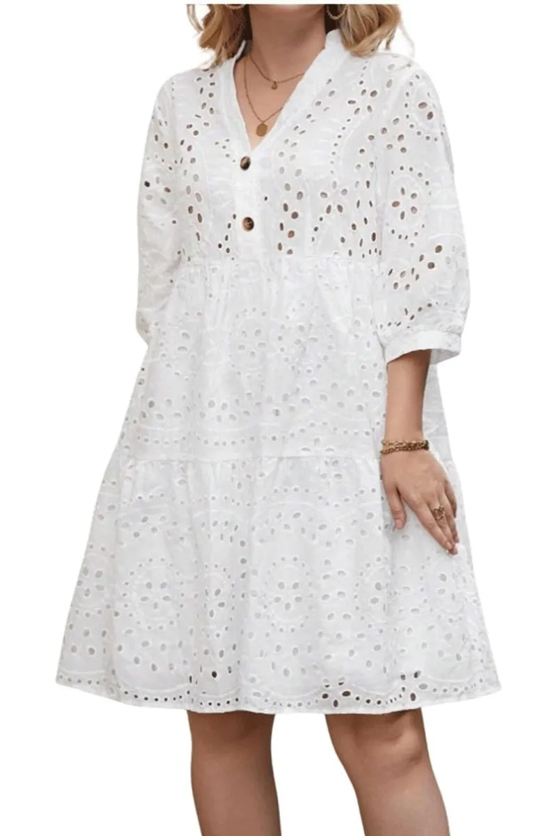 Chouyatou Women's 2025 Eyelet Lace Midi Dress V Neck Puff 3/4 Sleeve Button Tiered Sexy A Line Sun Dress