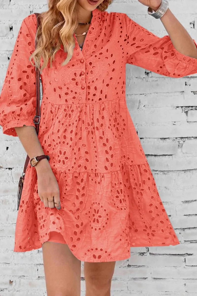 Chouyatou Women's 2025 Eyelet Lace Midi Dress V Neck Puff 3/4 Sleeve Button Tiered Sexy A Line Sun Dress