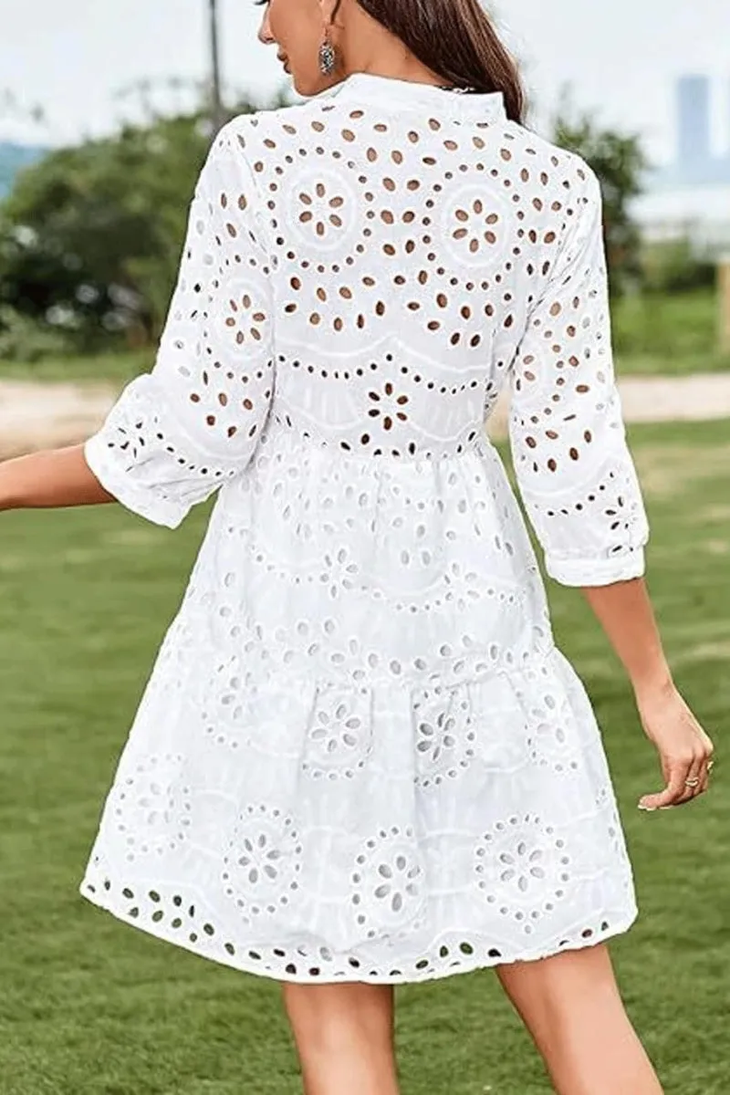 Chouyatou Women's 2025 Eyelet Lace Midi Dress V Neck Puff 3/4 Sleeve Button Tiered Sexy A Line Sun Dress