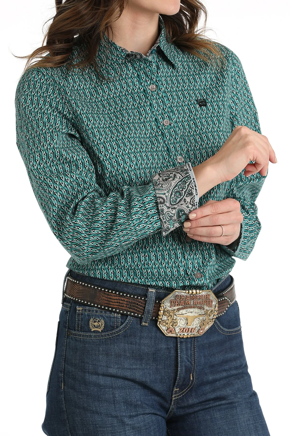 Cinch Women's Teal Geometric Print Button Down Shirt