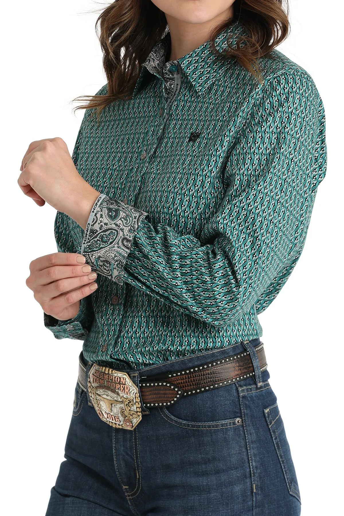 Cinch Women's Teal Geometric Print Button Down Shirt
