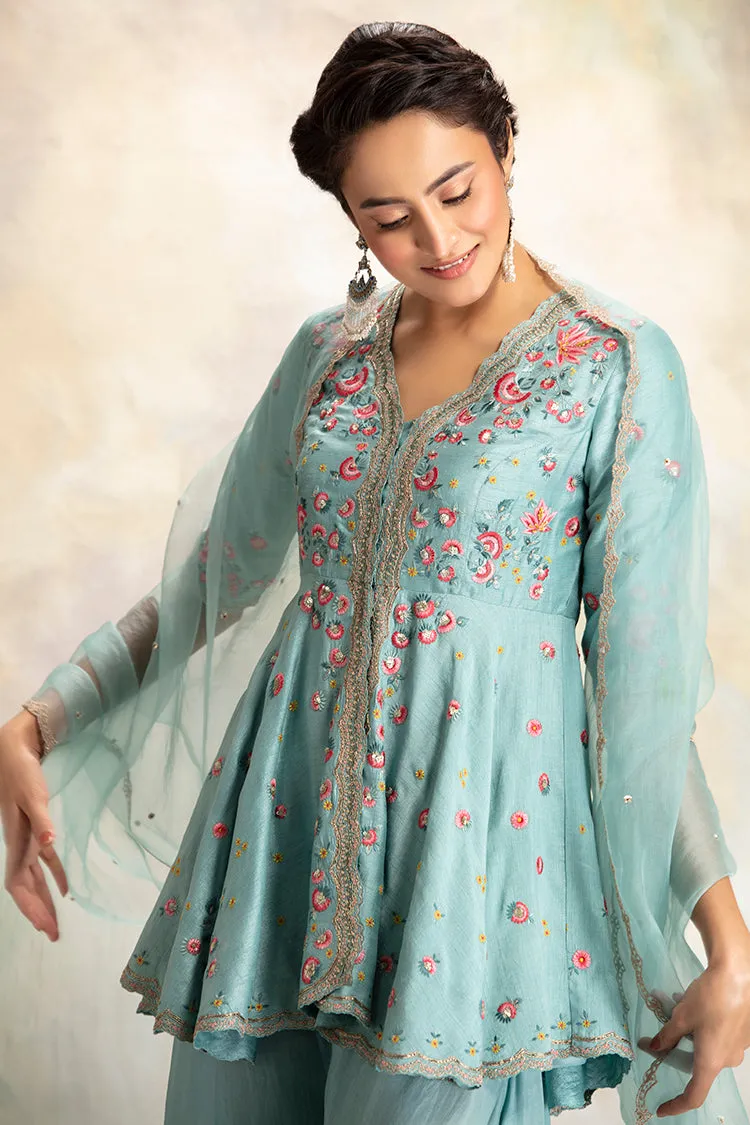 Classy Aqua Embroidered Peplum Kurta Set