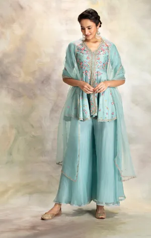 Classy Aqua Embroidered Peplum Kurta Set
