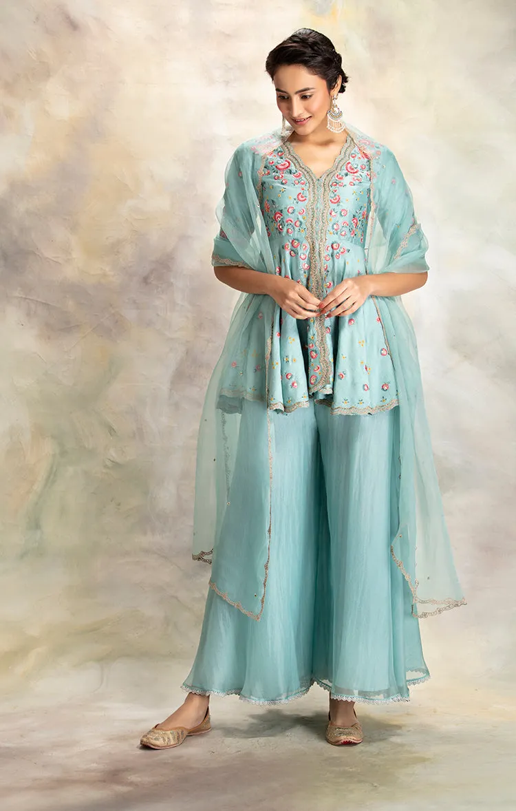 Classy Aqua Embroidered Peplum Kurta Set