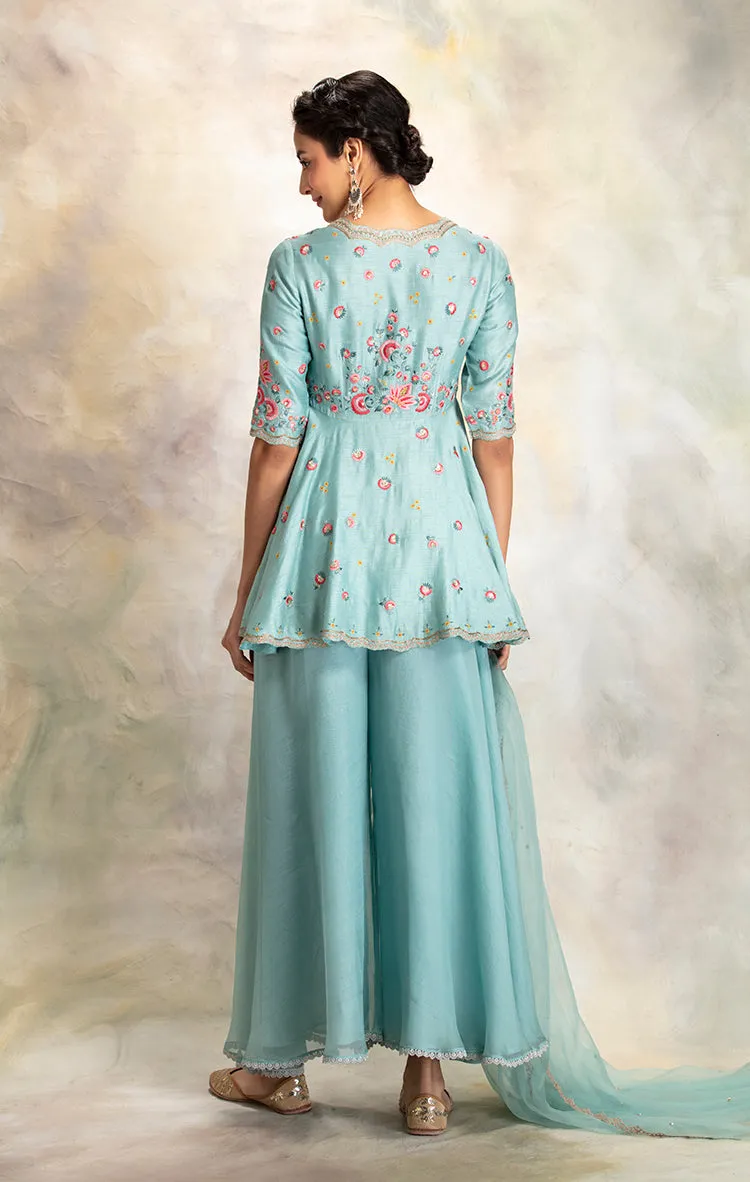 Classy Aqua Embroidered Peplum Kurta Set
