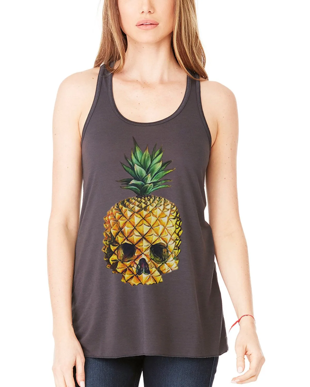 Clementine Women's Petite Plus Pineapple Skull Printed Flowy Racerback Tank