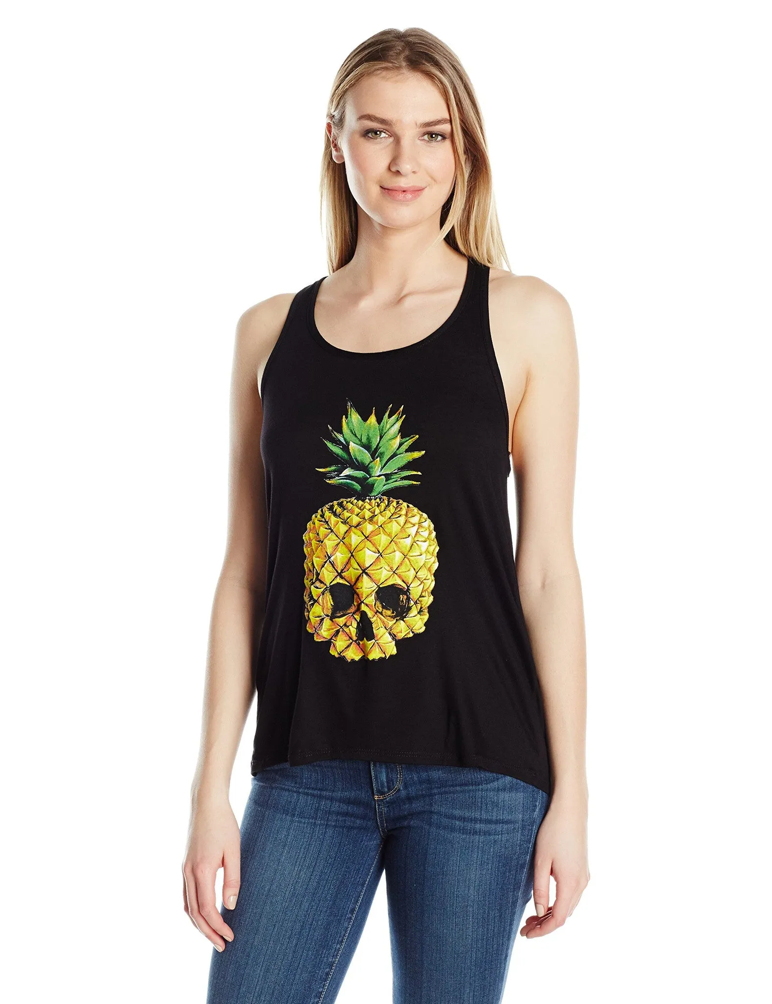 Clementine Women's Petite Plus Pineapple Skull Printed Flowy Racerback Tank
